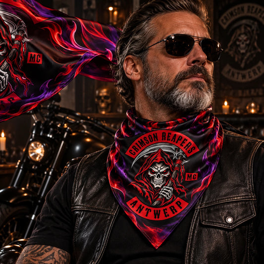 Flowing worn scarf in a premium clubhouse, no machine using a fold-aware layout with the authorized motorcycle club emblem kept visible in real use.