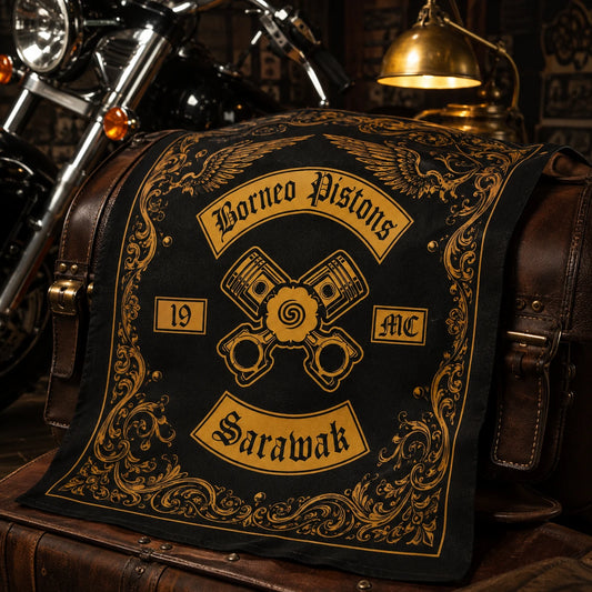 Custom motorcycle club bandana featuring the authorized @BORNEO DISTONS MC identity in premium clubhouse display with fine cotton draped over a leather saddlebag under warm brass light.