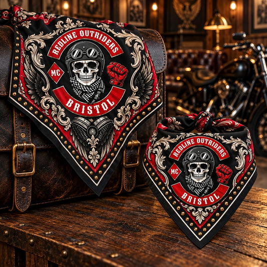 Premium cotton drape with one styled triangle fold using a fold-aware layout with the authorized motorcycle club emblem kept visible in real use.