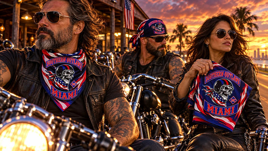 Three bandanas shown as neck triangle, headwrap and folded merchandise using a fold-aware layout with the authorized motorcycle club emblem kept visible in real use.