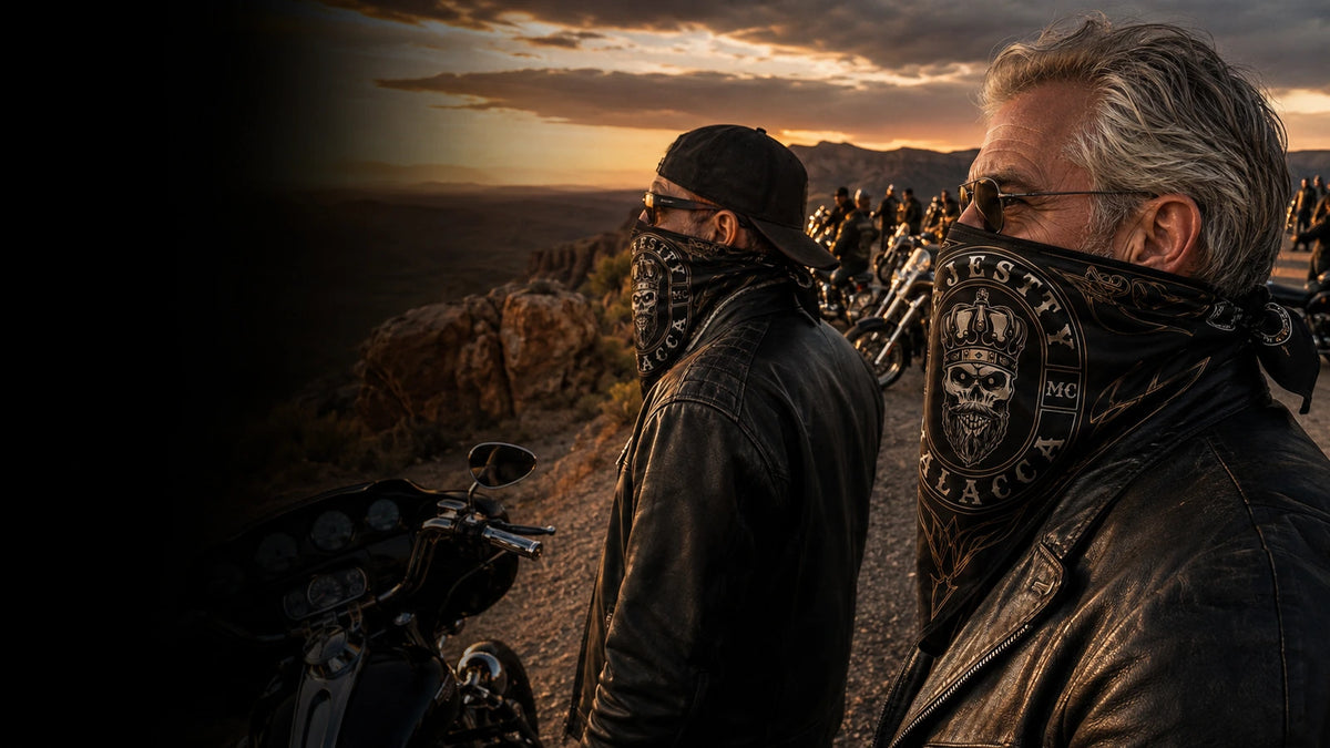 Custom motorcycle club bandana featuring the authorized MAJESTY MC identity in a dramatic desert highway overlook at sunset with a broad formation of unbranded heavyweight American V-twin touring motorcycles and mature club riders.