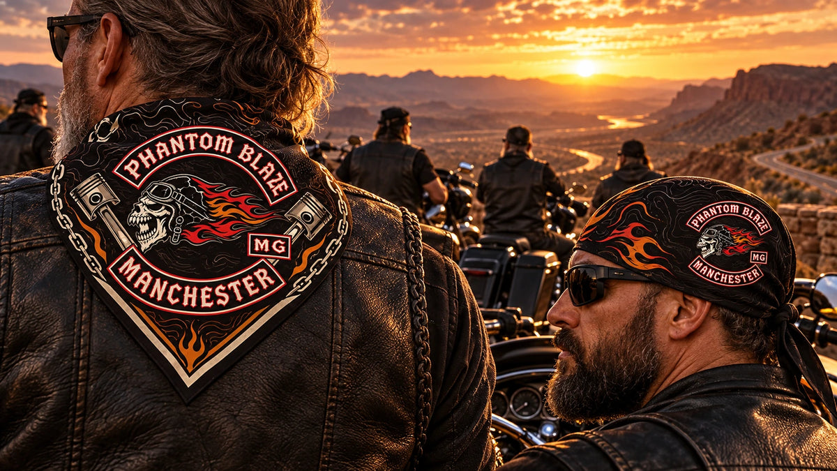 Two mature riders wearing neck-triangle and headwrap styles using a fold-aware layout with the authorized motorcycle club emblem kept visible in real use.