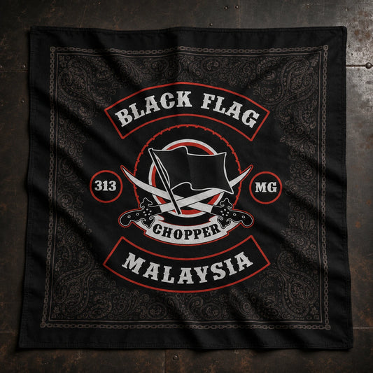 Custom motorcycle club bandana featuring the authorized Black Flag choppers my identity in top-down product portrait on blackened steel, centered emblem and restrained perimeter system clearly visible.
