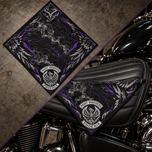Flat-to-fold comparison using a fold-aware layout with the authorized motorcycle club emblem kept visible in real use.