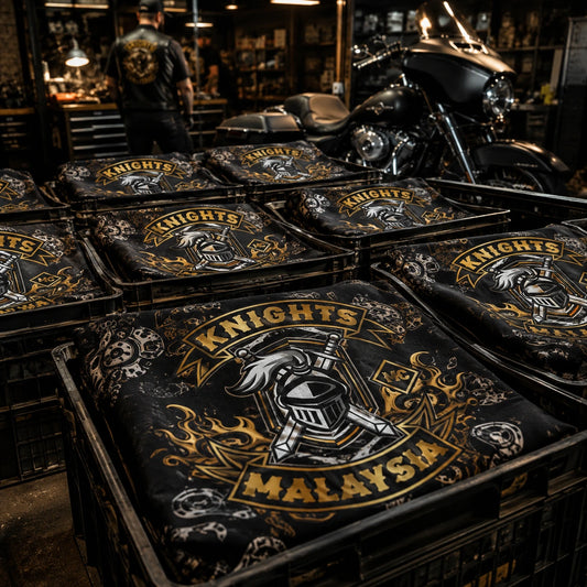 Custom motorcycle club bandana featuring the authorized Knights mc identity in organized bulk order of finished bandanas stacked in open crates inside a motorcycle-club fulfillment space.