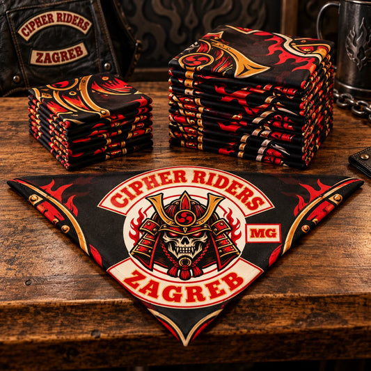 Equal-size square stacks in different quantities using a fold-aware layout with the authorized motorcycle club emblem kept visible in real use.