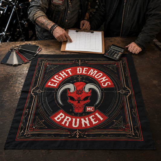 Custom motorcycle club bandana featuring the authorized EIGHT DEMONS MC identity in designer and club representative reviewing a quotation and finished bandana across a workshop counter.