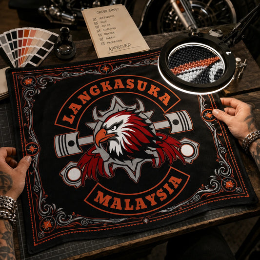Custom motorcycle club bandana featuring the authorized LANGKASUKA identity in single pre-production sample under bright inspection light with magnifier, color swatch and approval notes.