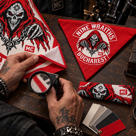 Hands evaluating one physical sample folded three ways using a fold-aware layout with the authorized motorcycle club emblem kept visible in real use.