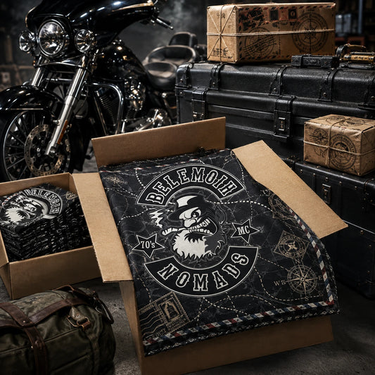 Custom motorcycle club bandana featuring the authorized Belemoih MC identity in rugged shipping cases and labeled parcels ready for international dispatch beside a touring motorcycle.