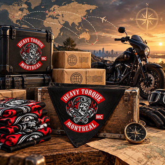 Packed folded bandanas in plain boxes using a fold-aware layout with the authorized motorcycle club emblem kept visible in real use.