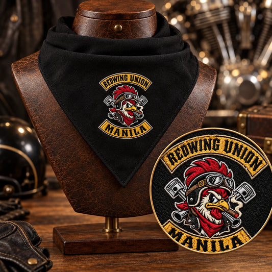 Macro of small embroidered corner emblem, no machine using a fold-aware layout with the authorized motorcycle club emblem kept visible in real use.
