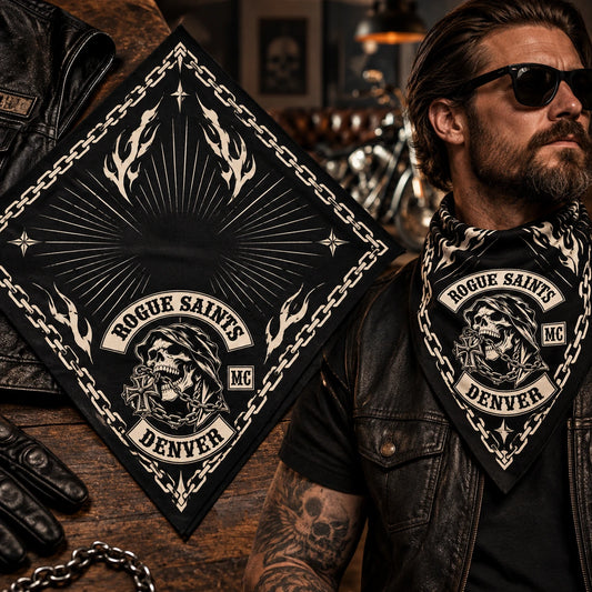 Bold limited-color worn bandana and flat proof using a fold-aware layout with the authorized motorcycle club emblem kept visible in real use.