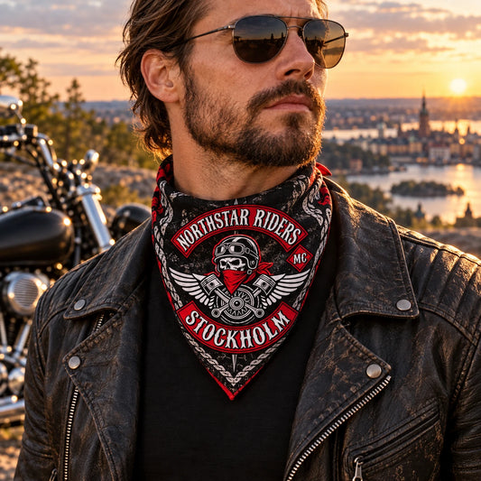 Compact neckwear on a smaller wearer/mannequin using a fold-aware layout with the authorized motorcycle club emblem kept visible in real use.