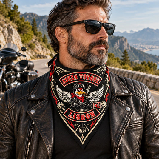 Classic rider neck triangle using a fold-aware layout with the authorized motorcycle club emblem kept visible in real use.