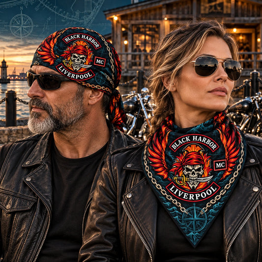 Headwrap plus neckwear comparison using a fold-aware layout with the authorized motorcycle club emblem kept visible in real use.