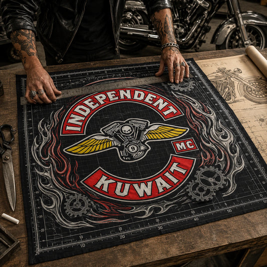 Custom motorcycle club bandana featuring the authorized INDEPENDENT MC KUWAIT identity in designer measuring a custom oversized bandana pattern beside chalk, shears and a motorcycle blueprint.