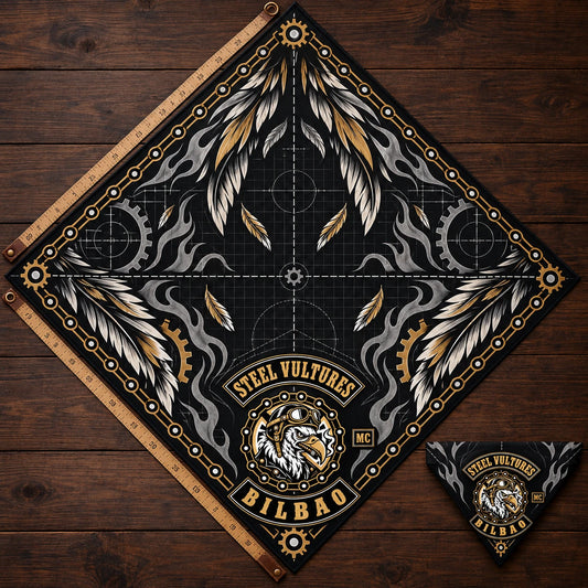 Designer measuring a square while showing its fold map using a fold-aware layout with the authorized motorcycle club emblem kept visible in real use.