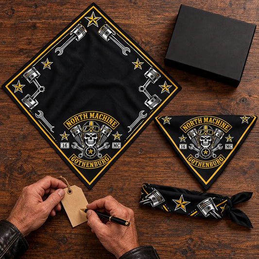 Final QC in flat, triangle and narrow-fold states using a fold-aware layout with the authorized motorcycle club emblem kept visible in real use.