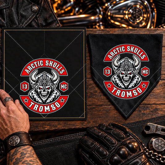 Designer reviewing flat proof plus physical folded proof using a fold-aware layout with the authorized motorcycle club emblem kept visible in real use.