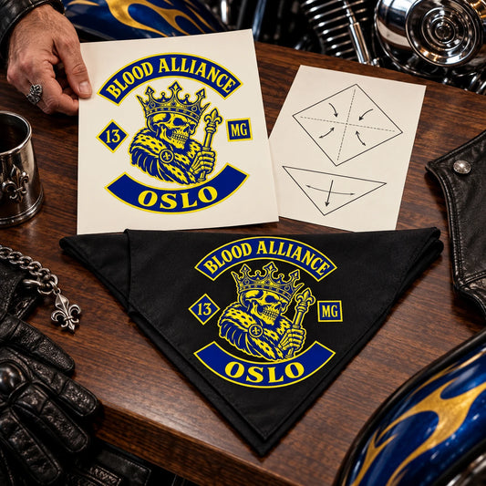 Authorized source logo beside a fold map using a fold-aware layout with the authorized motorcycle club emblem kept visible in real use.