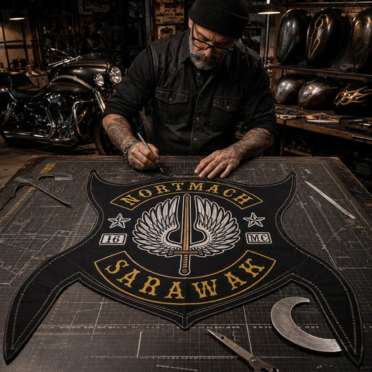 Custom motorcycle club bandana featuring the authorized NORTMACH MC identity in a pattern cutter shaping an extended-tie bandana in an industrial textile workshop with motorcycle tanks in the background.