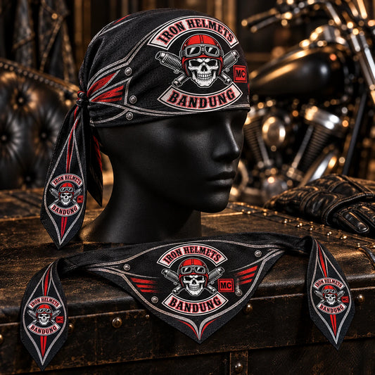 Tie-tail or curved-edge construction on rider/mannequin using a fold-aware layout with the authorized motorcycle club emblem kept visible in real use.