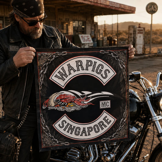 Custom motorcycle club bandana featuring the authorized Warpigs MC Singapore identity in a weathered roadside gas stop at golden hour, rider unfolding the bandana beside a chrome V-twin cruiser.