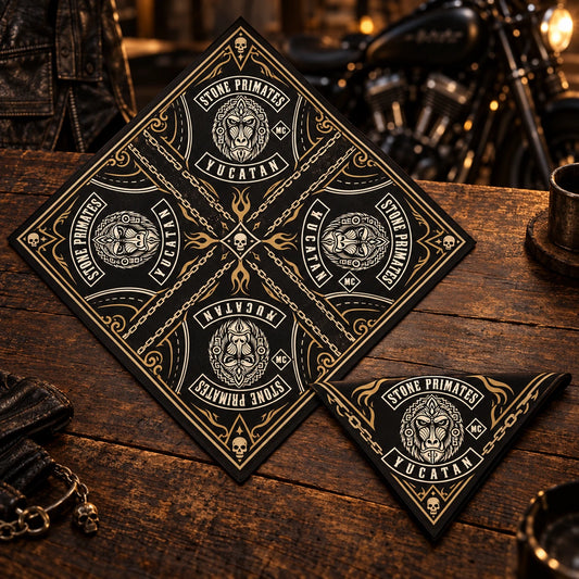 One square shown flat beside the same square folded diagonally using a fold-aware layout with the authorized motorcycle club emblem kept visible in real use.