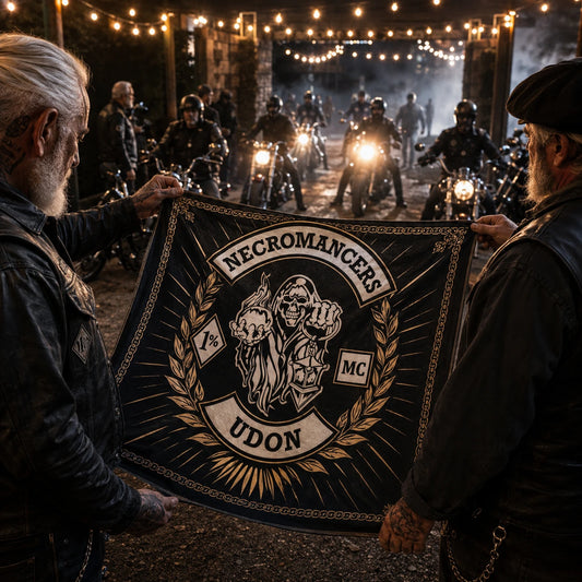 Custom motorcycle club bandana featuring the authorized Necromancers MC Thailand Udonthani Chapter identity in anniversary convoy arriving beneath warm string lights, limited-edition bandana presented in the foreground.