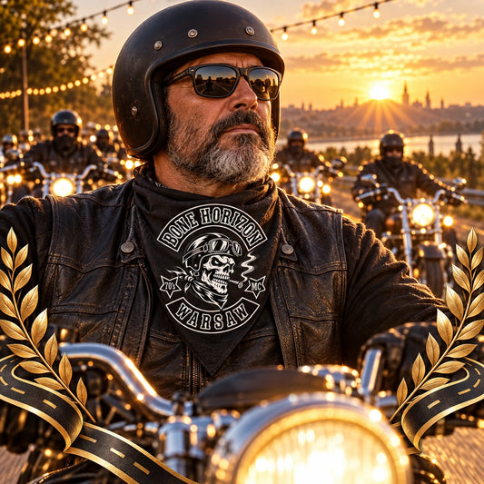 Departure lineup with commemorative bandanas using a fold-aware layout with the authorized motorcycle club emblem kept visible in real use.