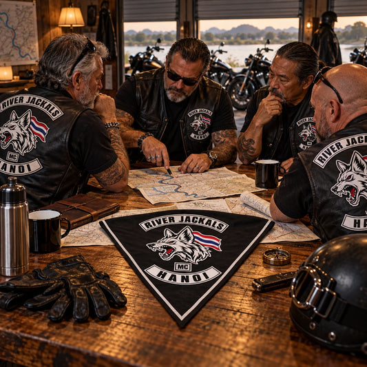 Seated chapter gathering using a fold-aware layout with the authorized motorcycle club emblem kept visible in real use.