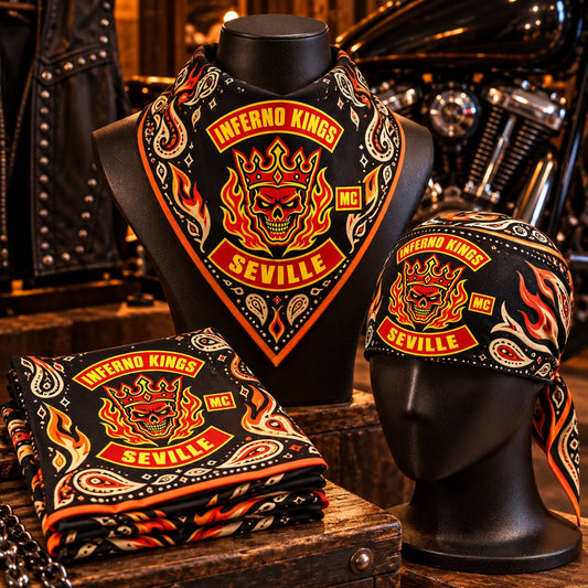 Clubhouse retail display: flat, folded and worn using a fold-aware layout with the authorized motorcycle club emblem kept visible in real use.