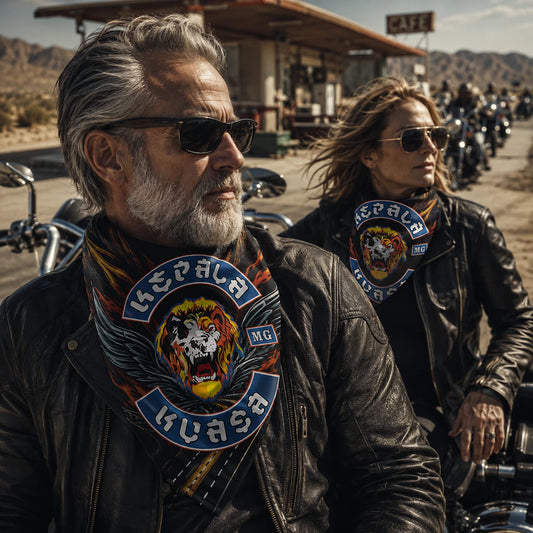 Custom motorcycle club bandana featuring the authorized KEPALA KUASA MG identity in rolling highway group ride, foreground rider wearing the bandana around the neck, cinematic tracking perspective.