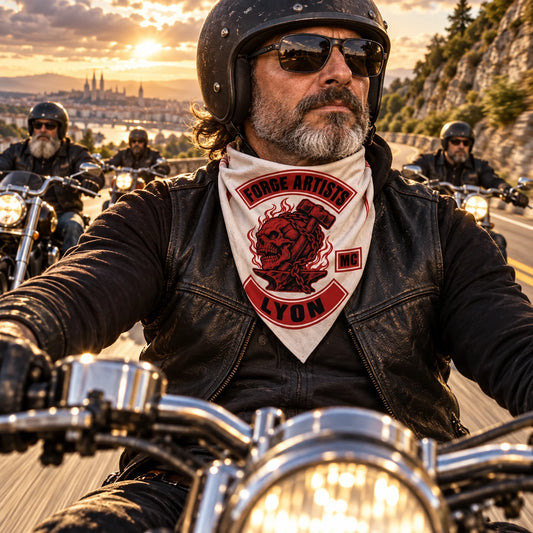 Riding-group roadside scene using a fold-aware layout with the authorized motorcycle club emblem kept visible in real use.