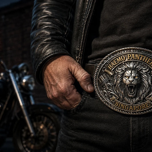 Custom motorcycle club belt buckle being inspected on a metalworking bench.