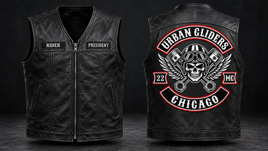 Motorcycle club matching black leather biker cuts prepared for anniversaries and new-member orders.