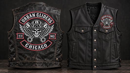 Motorcycle club matching black leather biker cuts prepared for anniversaries and new-member orders.