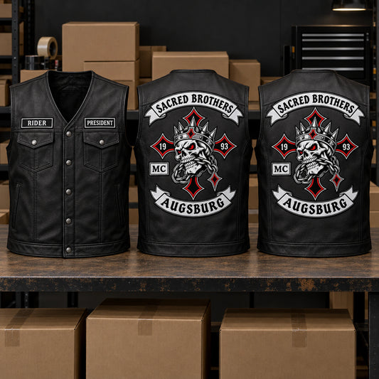 Finished black leather motorcycle club biker cuts prepared for inspection and worldwide shipping.