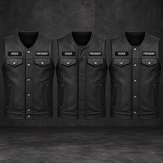 Motorcycle club black leather biker cuts showing snap, zipper and covered-placket closure options.