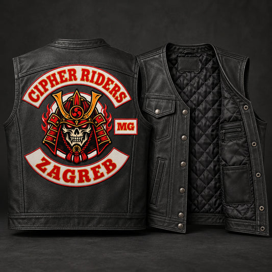 Motorcycle club black leather biker cut showing fit, lining and practical pocket construction.