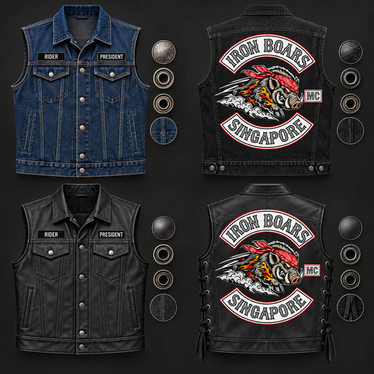 Motorcycle club denim and leather biker cut samples for choosing material, style and hardware.