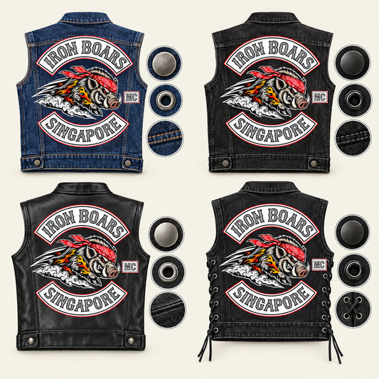 Motorcycle club denim and leather biker cut samples for choosing material, style and hardware.