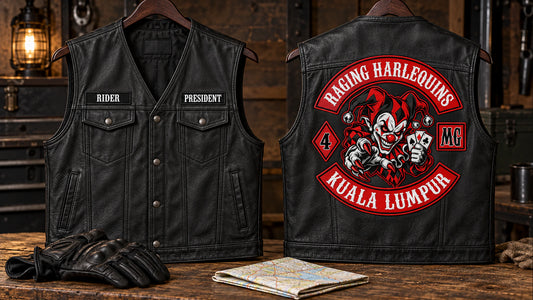 Motorcycle club coordinated black leather club cuts prepared for rallies, runs and chapter meetings.