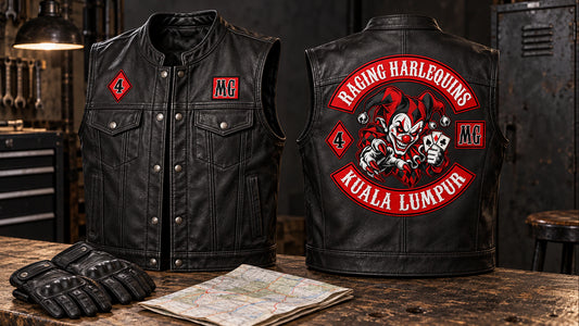 Motorcycle club coordinated black leather club cuts prepared for rallies, runs and chapter meetings.