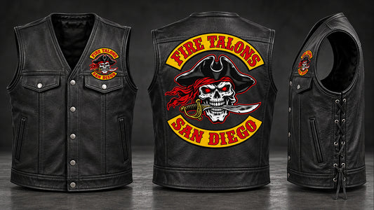 Motorcycle club black leather biker cut shown from multiple angles with an authorized Club Colors layout.