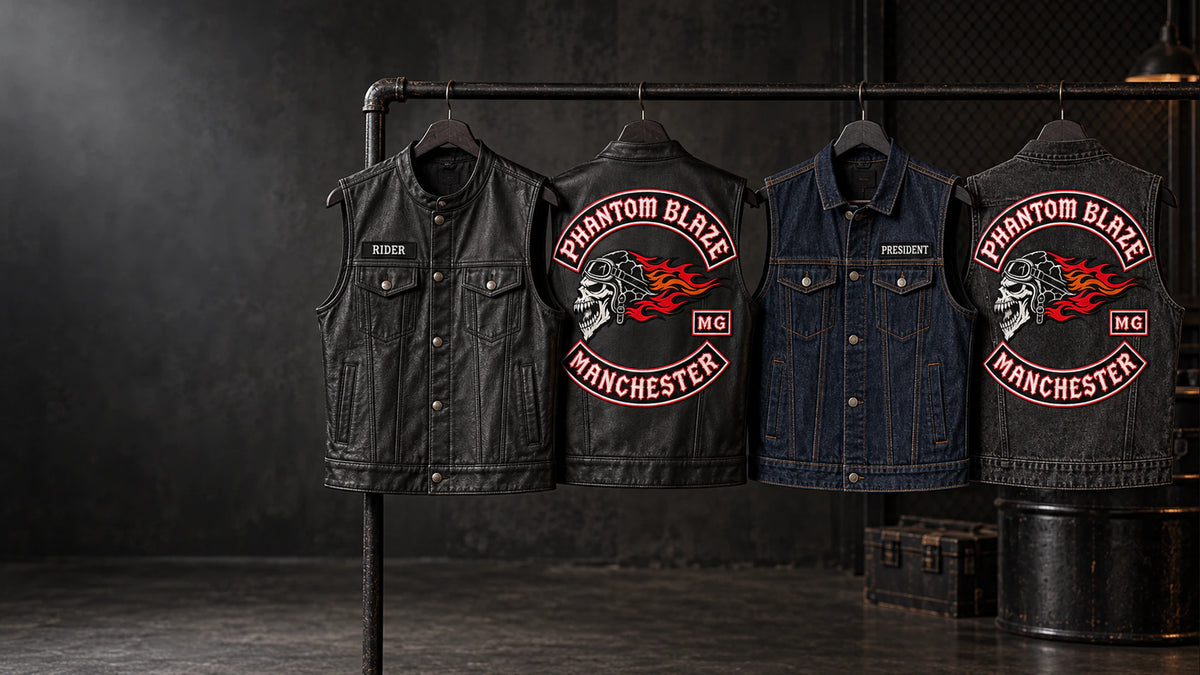 Custom denim and leather motorcycle club biker cuts shown in a coordinated studio lineup.