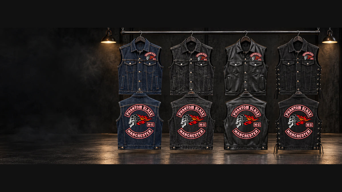 Custom denim and leather motorcycle club biker cuts shown in a coordinated studio lineup.