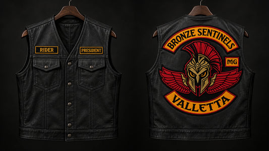 Matte-black leather biker cut with a coordinated authorized motorcycle club patch layout.