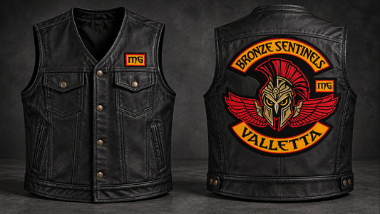 Matte-black leather biker cut with a coordinated authorized motorcycle club patch layout.